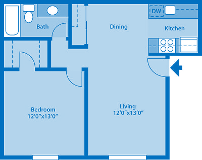 Floor plan for 1 bed, 1 bath, 657 sqft